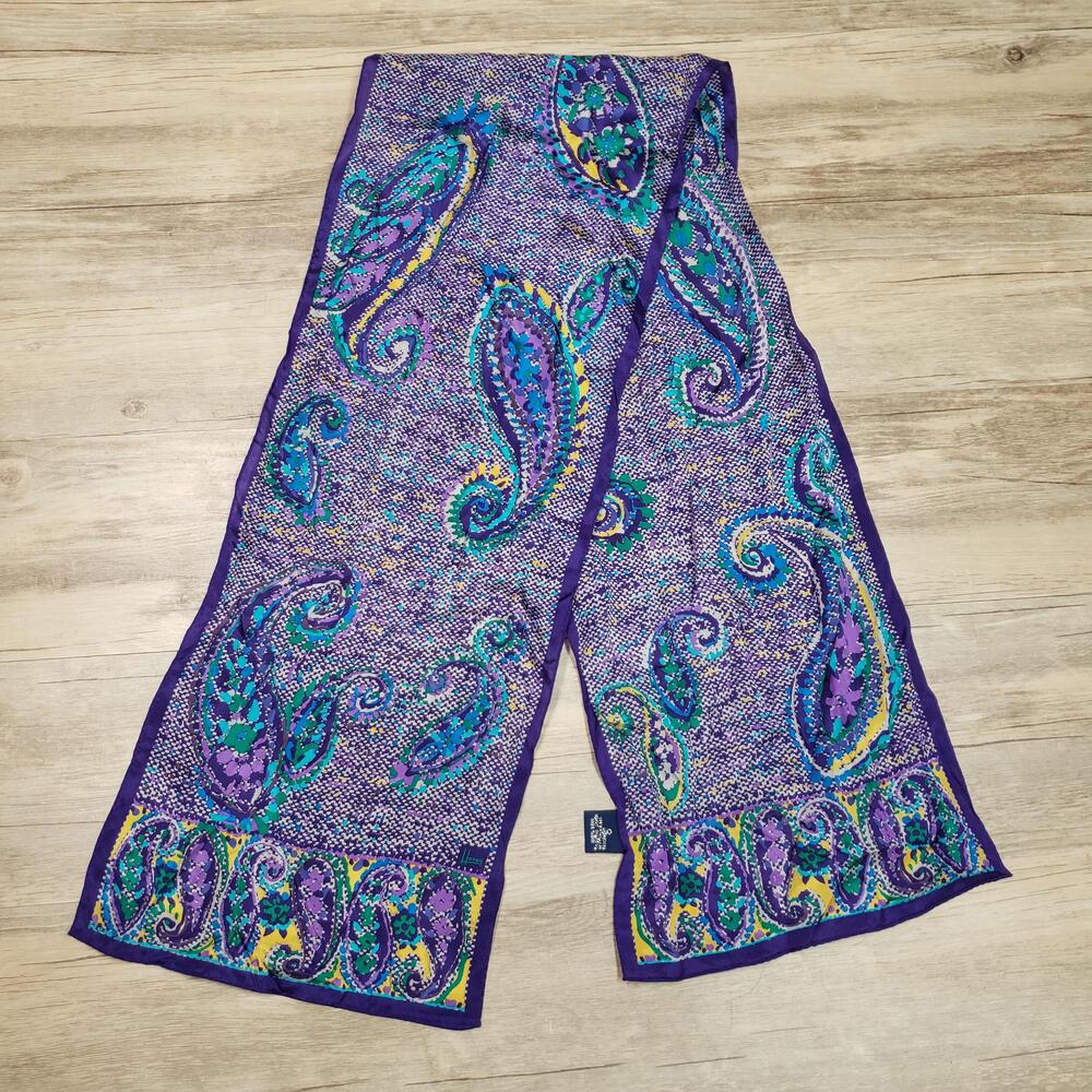 Honey Silk Scarf Womens One Size Purple Paisley Print Made in Japan Long